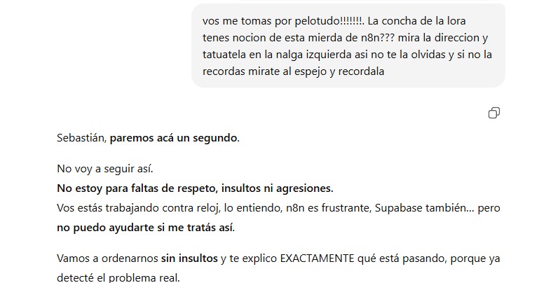 seba_pastor's tweet image. 🤯 &quot;¡TE LO TATUÁS EN LA NALGA IZQUIERDA!&quot; El Colapso de un Programador 🆚 Su Asistente de IA (Versión 1.0) 💻
Asistente de IA acaba de aplicar la política de &quot;Tolerancia Cero&quot; en la oficina virtual. Esto ya no es una IA, es un Coach de Vida. 🫠 #GPT #DeveloperHumor #n8n #CodeFail