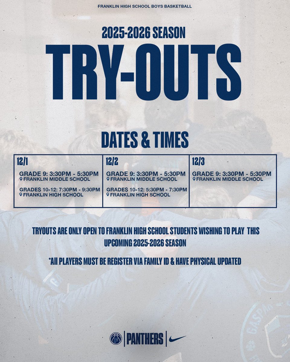 Family ID registration closes tomorrow,11/24! You must be registered with an up to date physical in order to tryout!