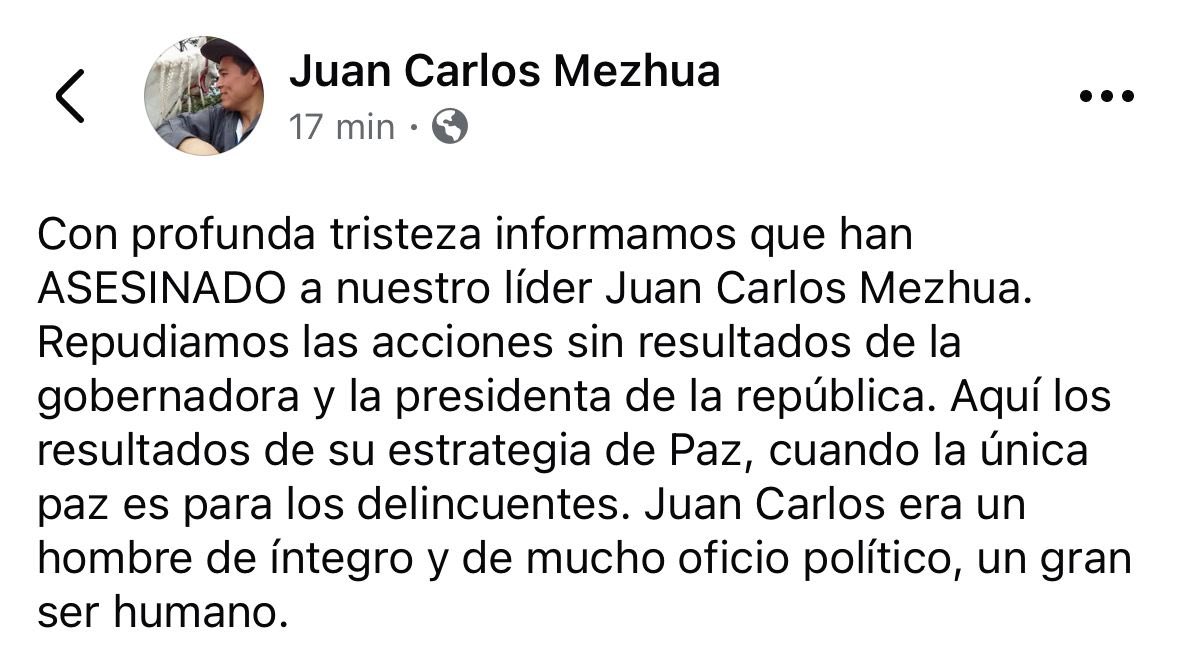 Fue asesinado Juan Carlos Mezhua, político de izquierda y activista indígena, exalcalde de Zongolica, Veracruz.