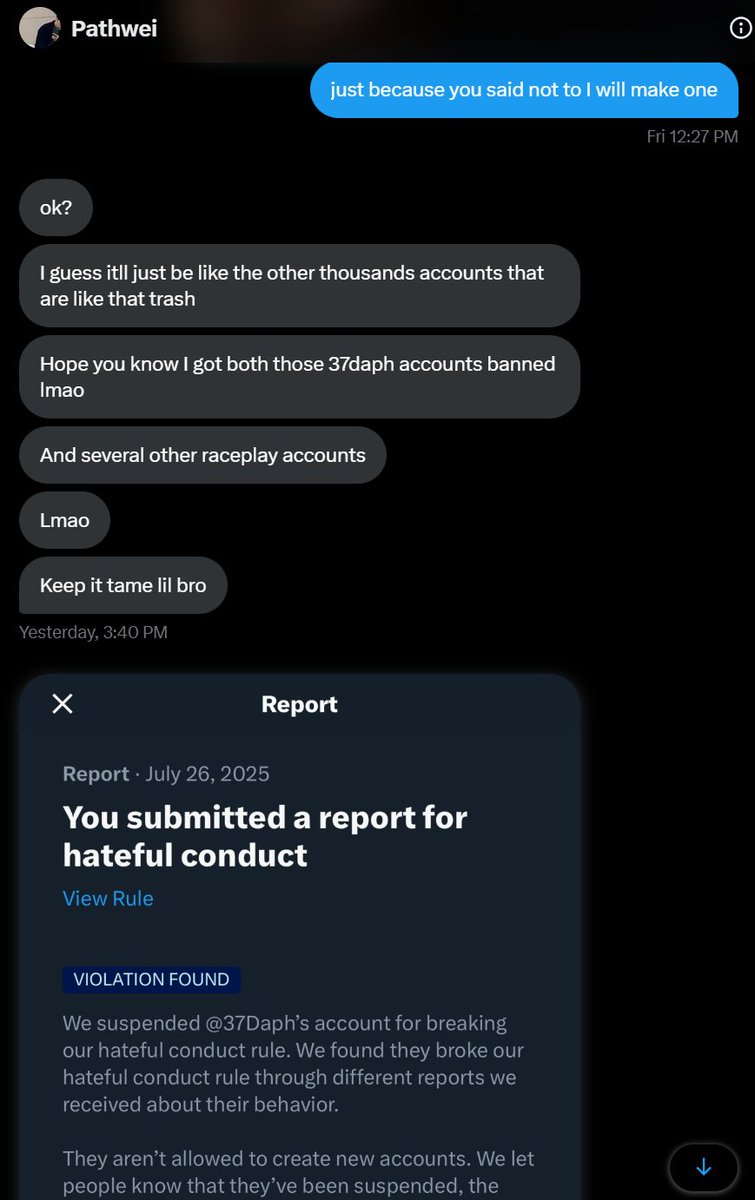 36Poki's tweet image. somebody I know sent me something interesting
a lot of wmaf accounts have been banned because of this loser, he's fine with raceplay as long its not wmaf because his little tiny ego can't handle it :(