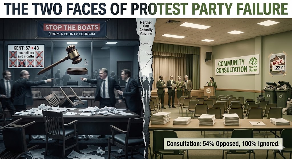 LangleyAuthor's tweet image. 18 months of @greenparty in #bristol. 6 months of @reformparty_uk  across 10 councils. Identical chaos. Different reasons. One&apos;s fixable incompetence. One&apos;s structural impossibility. The brutal comparison: bit.ly/4pw0Und
#UKPolitics  #LocalGov #ReformUK #Greenparty