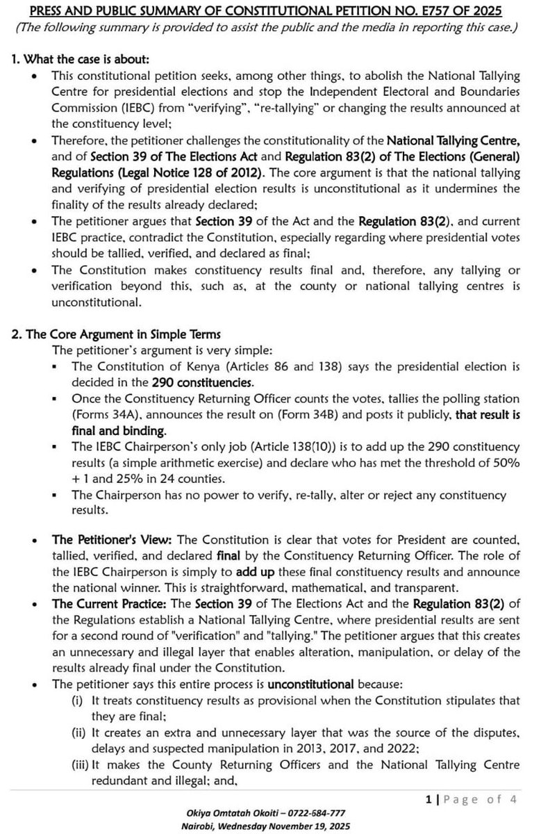 OkiyaOmtatah's tweet image. I have filed a Constitutional Petition No. E757 of 2025 in the High Court to defend the integrity of Kenya’s presidential election process and to uphold the Constitution of Kenya, 2010.

This petition challenges the unconstitutional establishment and operation of the National…
