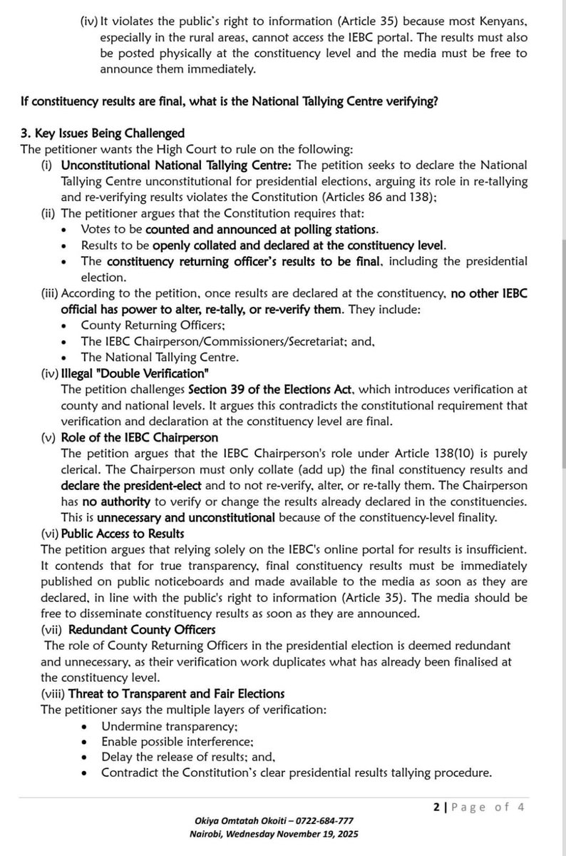 OkiyaOmtatah's tweet image. I have filed a Constitutional Petition No. E757 of 2025 in the High Court to defend the integrity of Kenya’s presidential election process and to uphold the Constitution of Kenya, 2010.

This petition challenges the unconstitutional establishment and operation of the National…