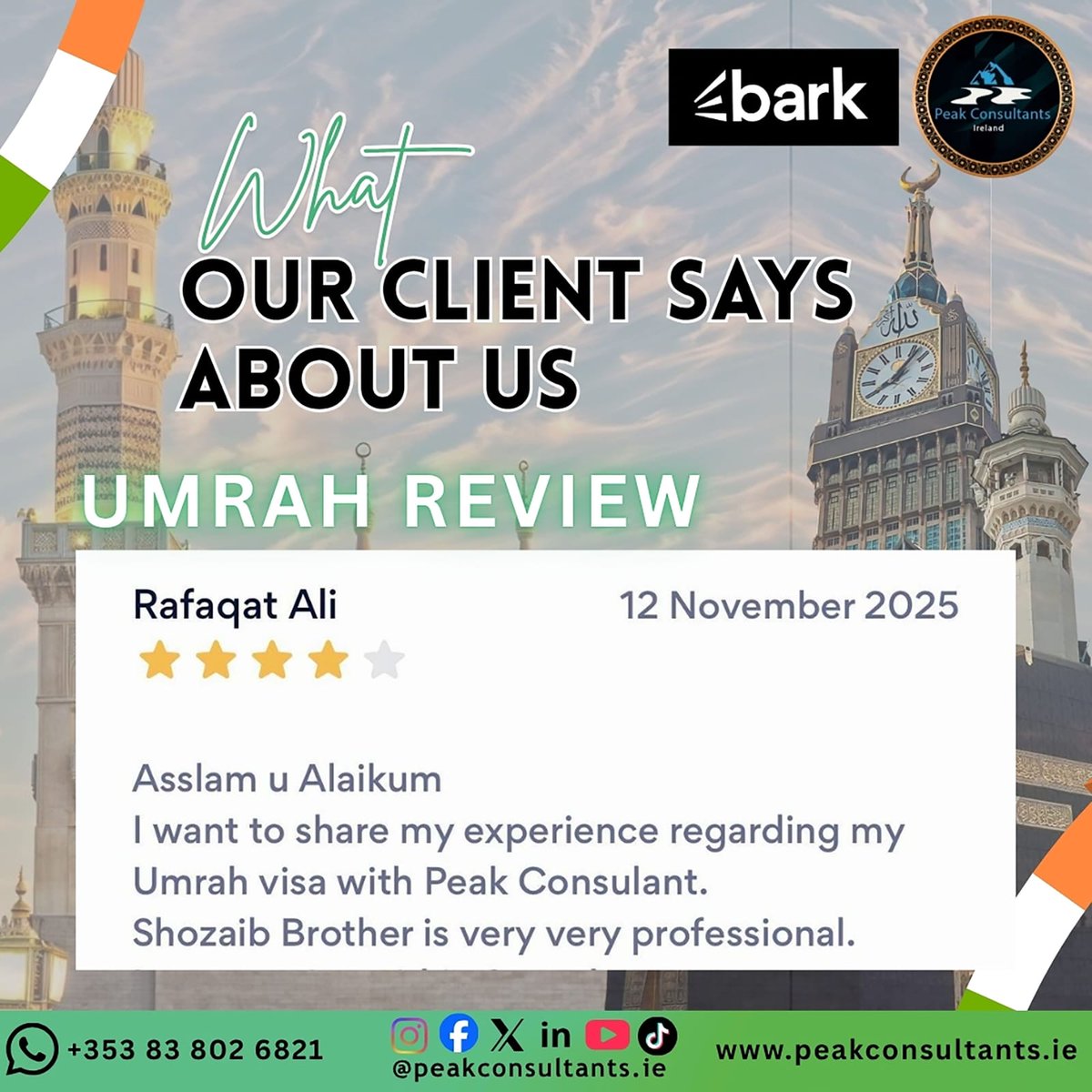 peakeire's tweet photo. ✨ Another Satisfied Umrah Client!
We are humbled and grateful for the trust our clients place in Peak Consultants Ireland. 

📞 Contact Us: +353 83 802 6821

#Umrah2025 #UmrahReview #PeakConsultantsIreland #IrelandToMakkah #UmrahServicesIreland #UmrahVisa #SpiritualJourney https://t.co/w4gb8WGuzg
