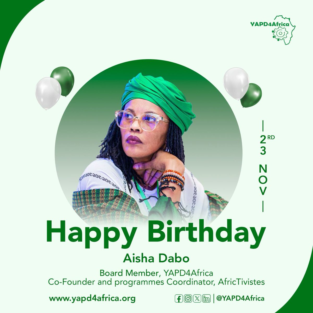Happy Birthday to <a href="/mashanubian/">Aisha Dabo™ 🇸🇳 🇬🇲</a>, Board Member of YAPD4Africa🥳

We are grateful for your tireless efforts. Your commitment to YAPD4Africa’s mission.

Thank you for your unconditional support. We love &amp; wish you a year filled, good health &amp; continued success.

 #HumansOfYAPD4Africa