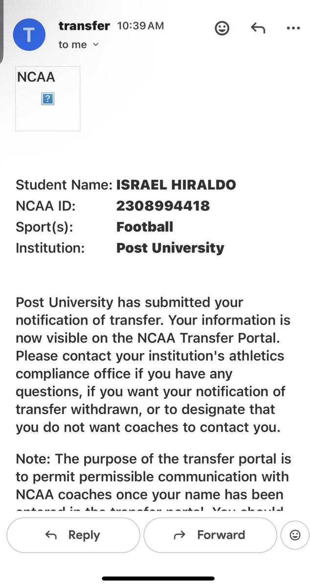 HiraldoIsrael's tweet image. I have entered the transfer portal.
3 years of eligibility + red shirt