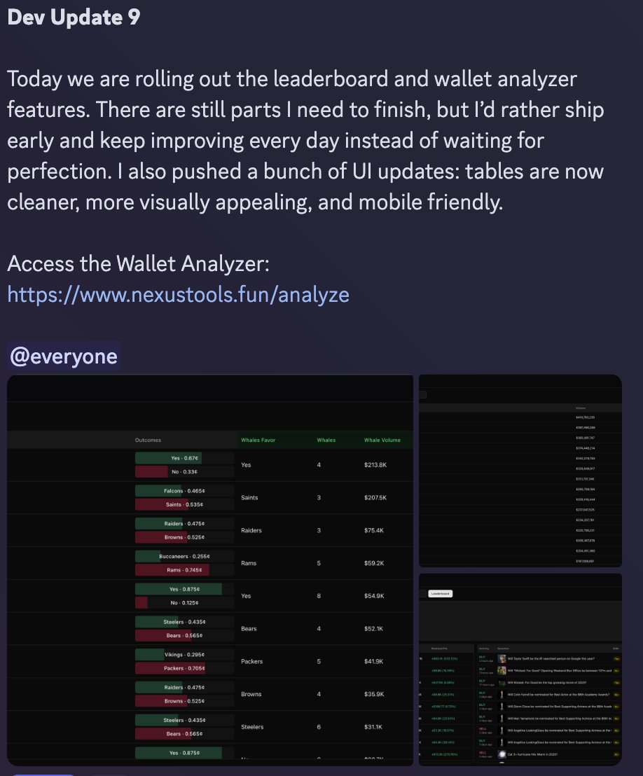 0xdotdot's tweet image. Dev Update 9 

TLDR; Shipped the @Polymarket leaderboard + wallet analyzer today. Also improved table UI + mobile layout.