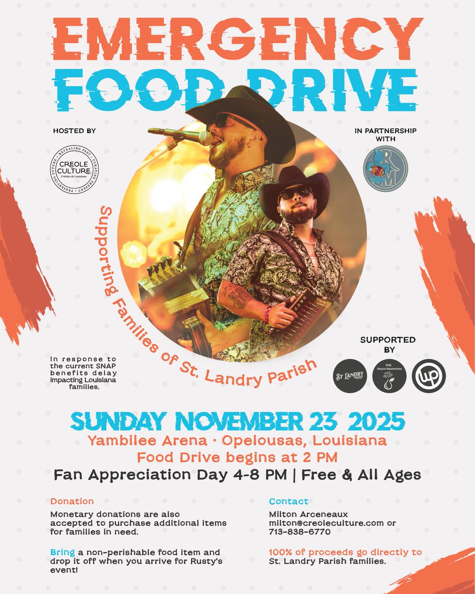 RuthFooteWriter's tweet image. REMINDER: Today! It&apos;s Rusty Metoyer and The Zydeco Krush&apos;s Fan Appreciation Day 4-8 pm.  🎵🥳🔥🪗🎶 Rusty&apos;s Emergency Food Drive, supporting St. Landry Parish, kicks off at 2 pm! Bring as much nonperishable food as you can for this event to help those in need! Everything&apos;s at the…