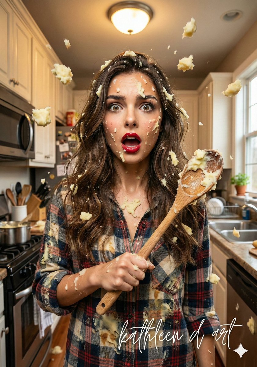 kathae909's tweet photo. I swear it wasn’t my fault… the mashed potatoes came at ME first. 😭🍽️💥
#ThanksgivingChaos #KitchenFail #HolidayLaughs #AIArt #kathleendart https://t.co/MHbb52E7QF