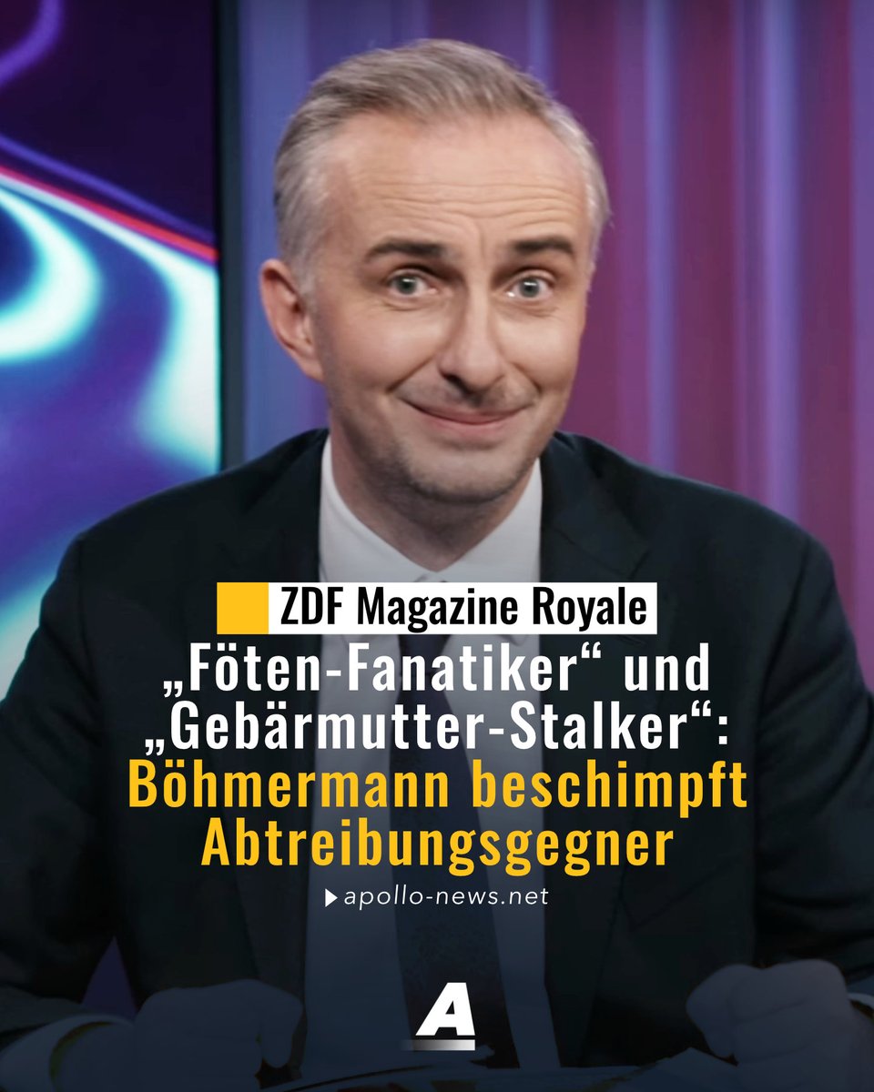 Jan Böhmermann attackiert in seiner Sendung Abtreibungsgegner, ohne sich mit ihren Argumenten sachlich auseinanderzusetzen. Stattdessen nennt er sie „Föten-Fanatiker“ und „Gebärmutter-Stalker“ und fällt mit perfiden Showeinlagen auf.
apollo-news.net/foten-fanatike…