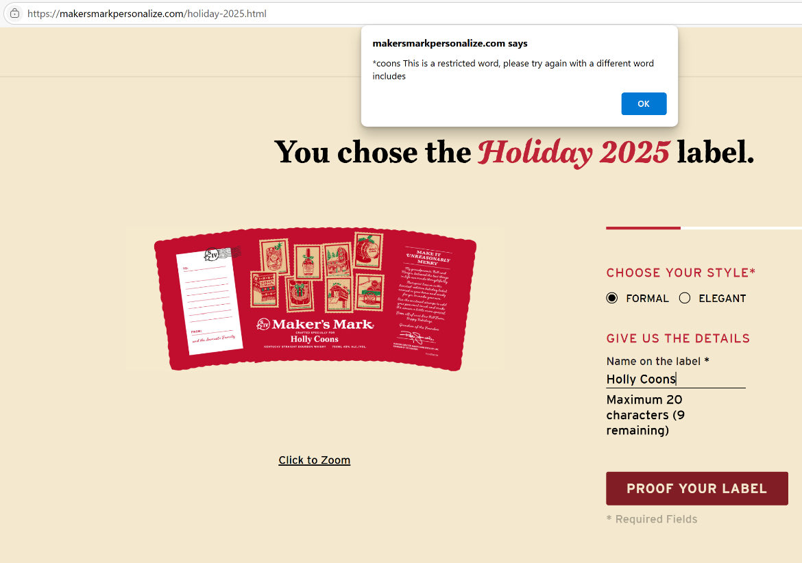 hlynn7600's tweet photo. @MakersMark I didn't realize that my last name was so offensive that I can't print it on your personalized labels for Christmas. My husband and I are both ambassadors. #bourbon https://t.co/SoylhM49jn