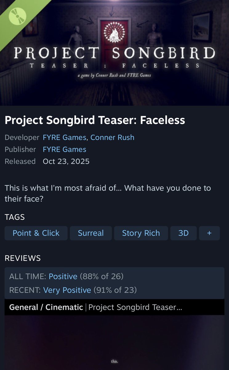 FyreGamesReal's tweet image. Thank you for the amazing reception on the free demo for my horror game “Project Songbird!”

Cant wait for you all to experience the full story in the final release!

The demo is free to play NOW on Steam!!!

🔗 in replies!

#HorrorGames #indiegames #steamdemo #gaming #FreeGame