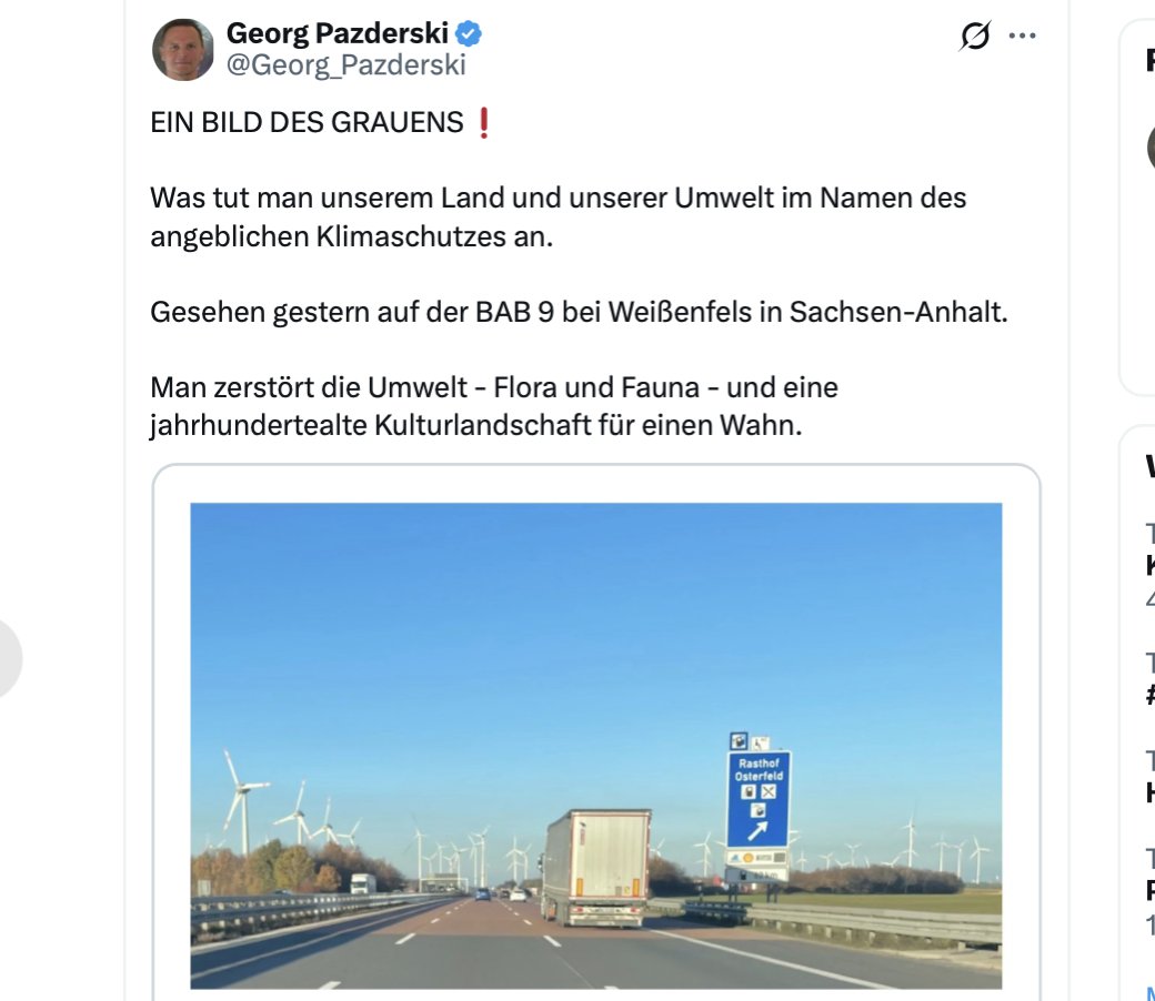 Mal ganz im ernst, ist das Satire?
Auf dem Bild sieht man, wie 800.000 Kilometer Straße unsere "jahrhundertealte Kulturlandschaft" zerschneiden und dabei bis zu 2% der Fläche versiegeln.

Ach ja, und im Hintergrund ein paar Windenergieanlagen. 😂