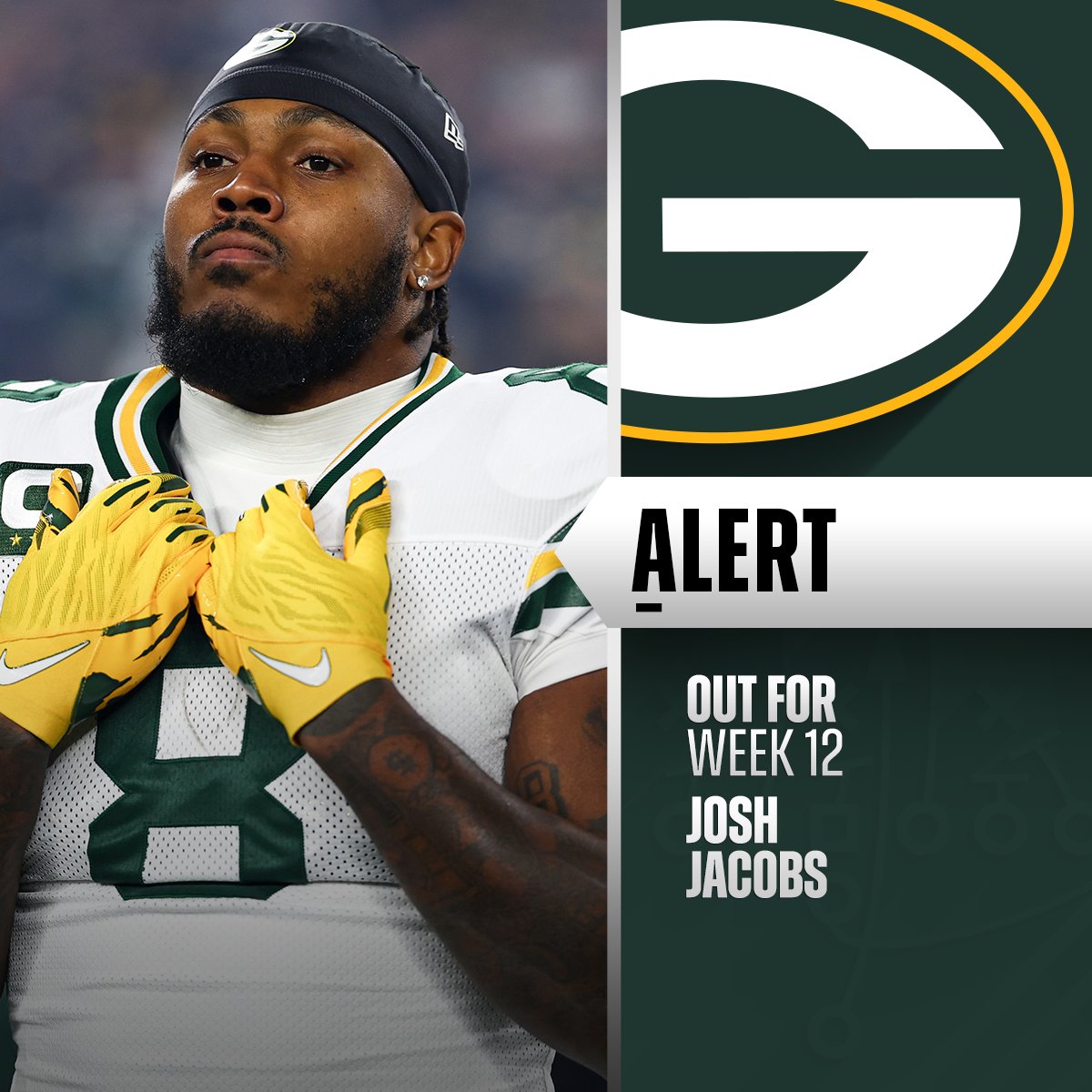 NFL's tweet image. Packers RB Josh Jacobs (knee) won&apos;t play vs. Vikings. (via @TomPelissero)