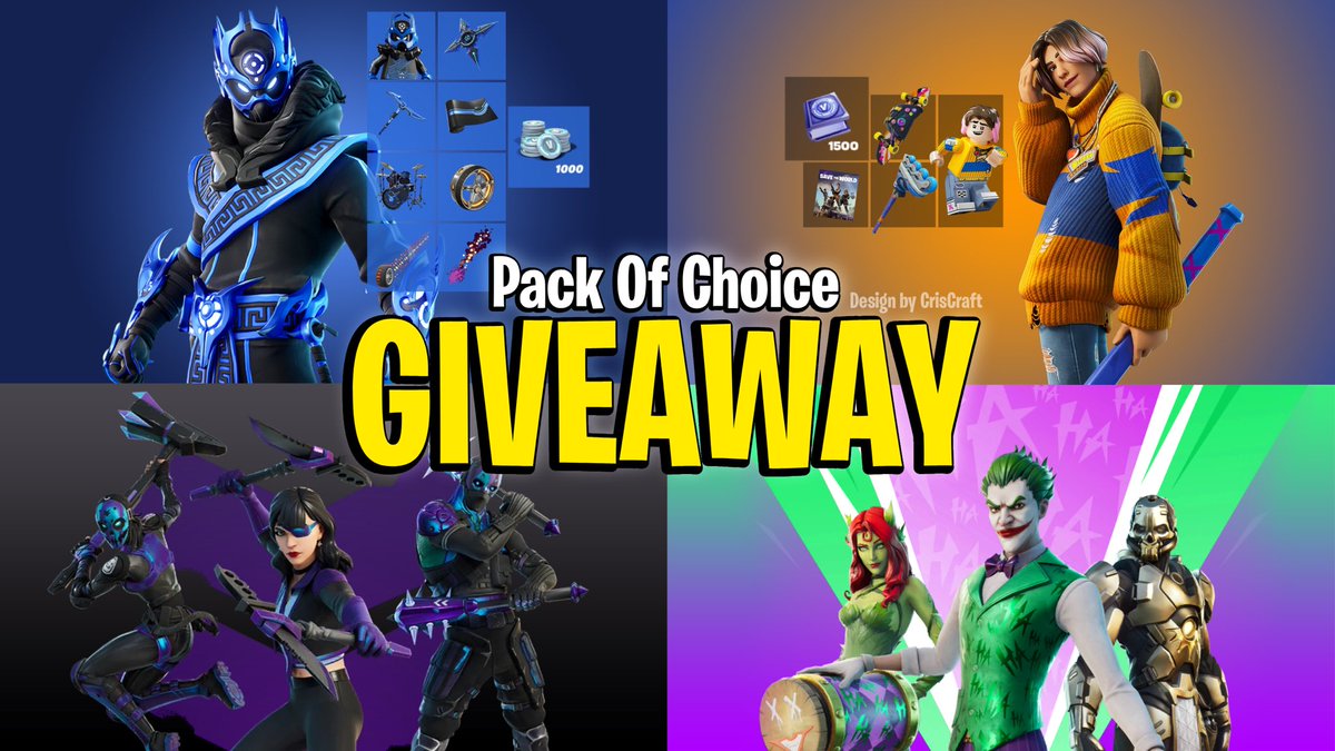 Pack Of Choice GIVEAWAY! 

x1 winner 🏆

Pick between The Last Laugh, Agency Renegades, Skate Park Royalty, Cobalt Star

Requirements: 
◦ Follow <a href="/CrisCraft1304/">CrisCraft</a>, <a href="/emyan77/">emy</a> &amp; <a href="/kaiinux/">kai :) | CODE REDLIGHTS</a>
◦ Like &amp; repost ❤️♻️
◦ Tag your friends 🫂
◦ Comment the pack you want 🎁

Ends in 48hrs!