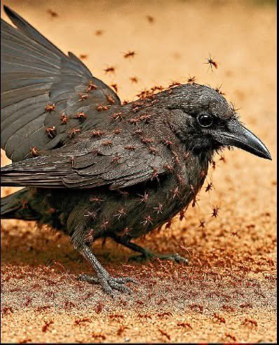 MrPitbull07's tweet image. When a crow feels sick, it goes to an ant nest, not to eat the ants, but to bother them. The crow shakes its body, fluffs its feathers, spreads its wings, and lies still while the ants crawl all over it. As they move through its feathers, the ants release formic acid, a natural…