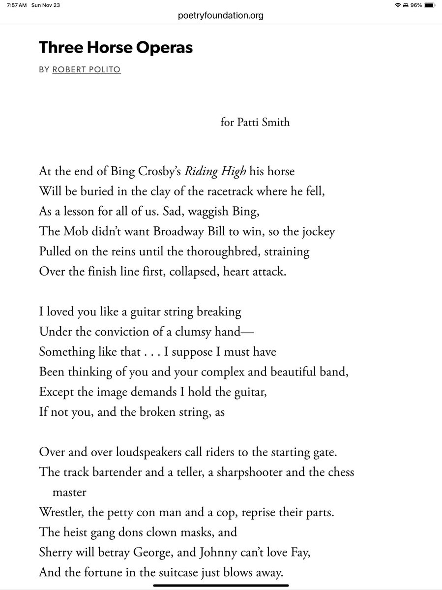 Robert Polito, “Three Horse Operas” 

I loved you like a guitar string breaking
Under the conviction of a clumsy hand