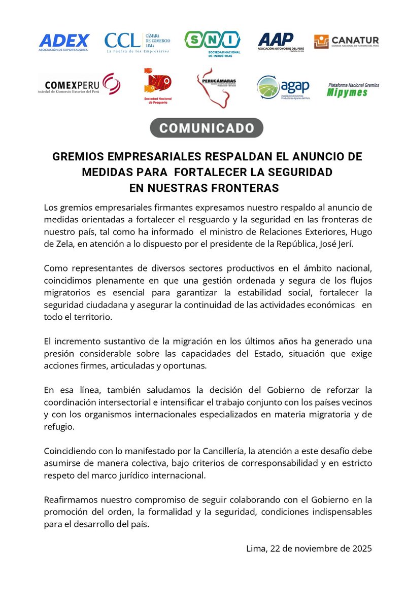 #Comunicado 📣

"Gremios empresariales respaldan el anuncio de medidas para fortalecer seguridad en nuestras fronteras".