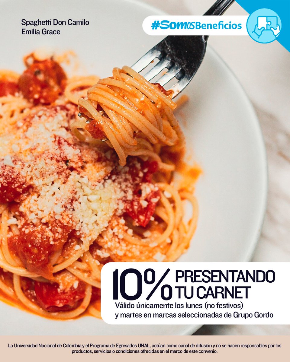EgresadosUN_Nal's tweet image. ¿Plan gourmet? 🍽️ ¡Disfruta descuentos exclusivos en Renata, Emilia Grace, Kumico Tei, Gordo y Julia con tu carné de egresado UNAL! Vive una experiencia gastronómica inolvidable. #SomosBeneficios #SomosEgresados #SomosUNAL