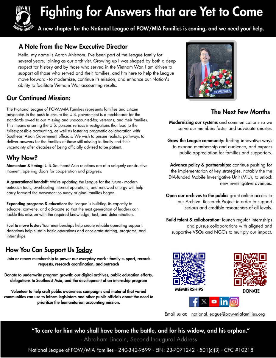 POWMIAFamilies1's tweet image. 2026 is a new chapter for the National League of POW/MIA Families: led by our new Executive Director, we are modernizing, educating, opening archives, and advancing partnerships to pursue more Vietnam War accounting results.

Click the image to learn more!📖

#POWMIA #NeverForget