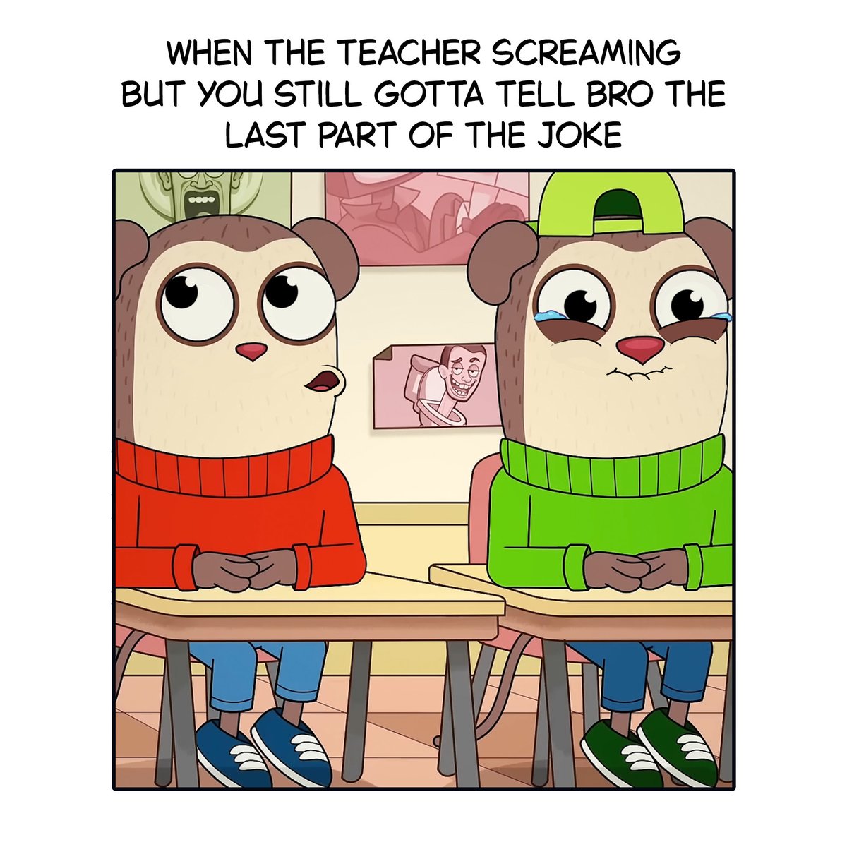 Max_DesignPro's tweet image. Teacher’s screaming, but the joke must go on 🤫😂
Send this to your bro who can’t stop laughing in class! 📚🤣
#MaxDesignPro #FunnyMeme #School #Cartoon