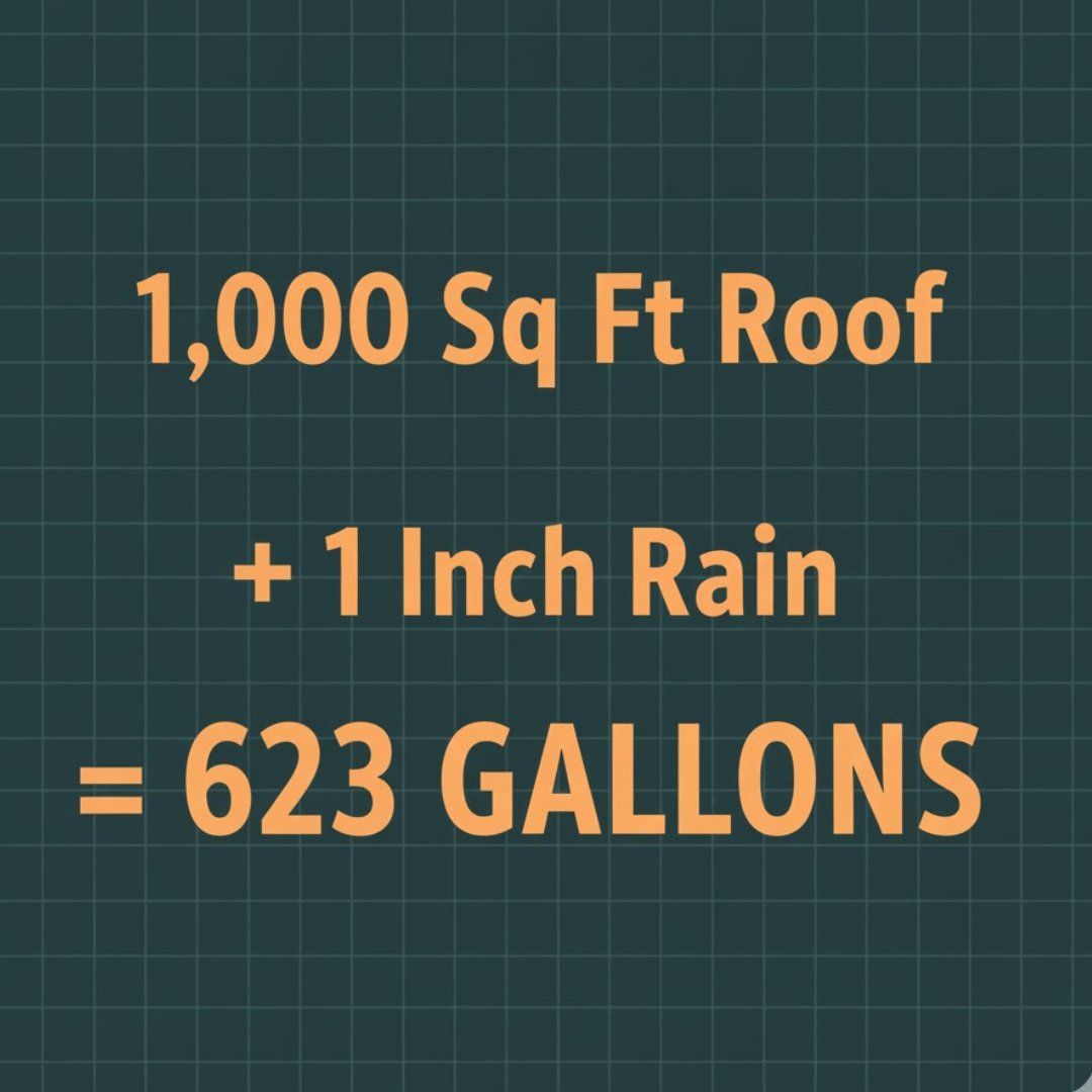 the_ffootprint's tweet image. Analyst&apos;s Math: Rainwater Harvesting 🌧️
Your roof is a resource.
The Formula: [Roof Sq Ft] x [Rain (in)] x 0.623 = Gallons
The Reality: A small 1,000 sq ft roof in a single 1-inch storm yields 623 Gallons.
Free. Delivered.
#rainwaterguide  #homesteading #Offgrid  #math