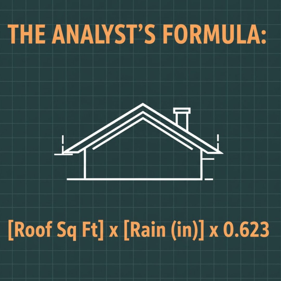 the_ffootprint's tweet image. Analyst&apos;s Math: Rainwater Harvesting 🌧️
Your roof is a resource.
The Formula: [Roof Sq Ft] x [Rain (in)] x 0.623 = Gallons
The Reality: A small 1,000 sq ft roof in a single 1-inch storm yields 623 Gallons.
Free. Delivered.
#rainwaterguide  #homesteading #Offgrid  #math