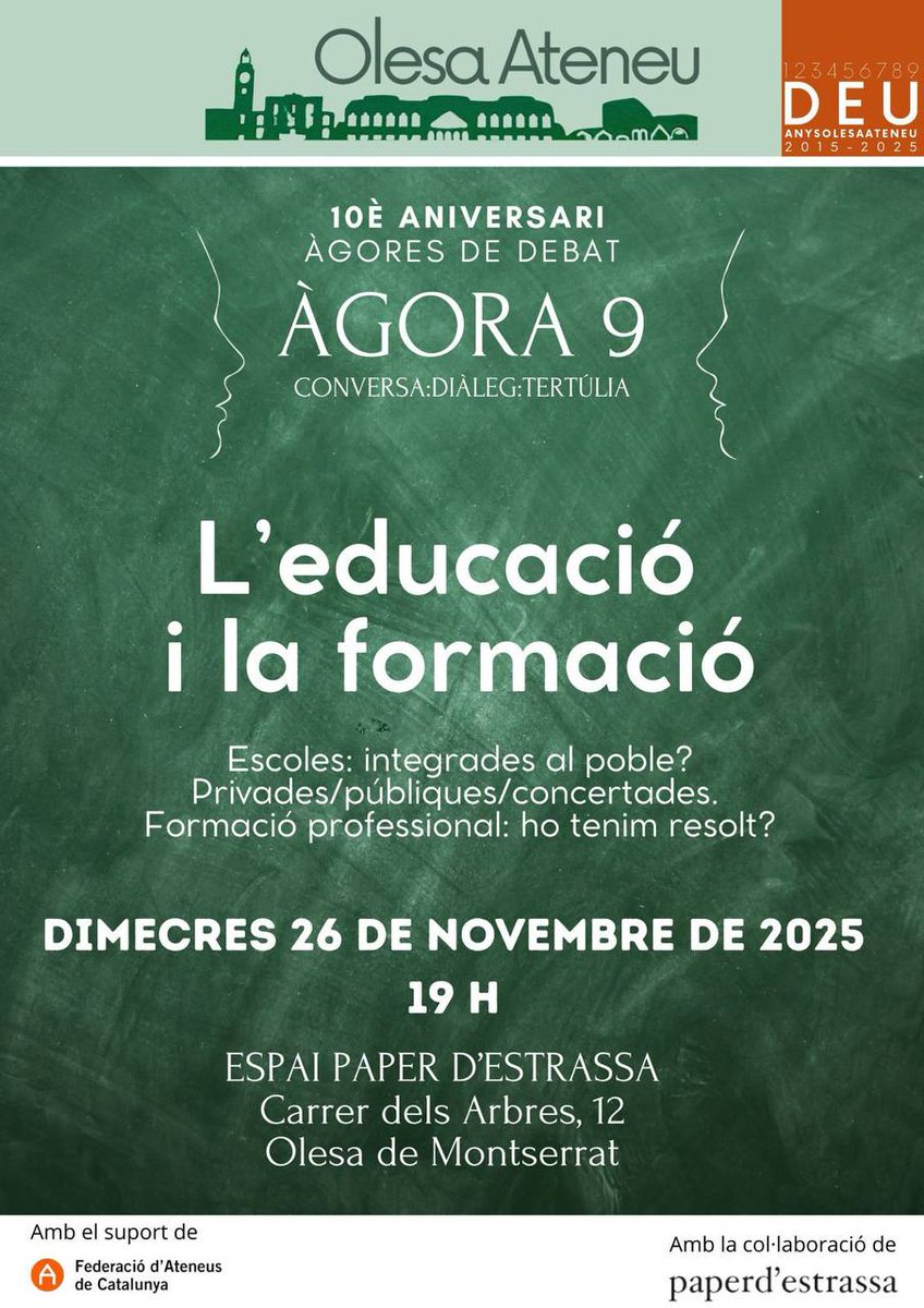 AjuntamentOlesa's tweet image. 🔴 CULTURA I DEBAT

💬El 26 de novembre a les 19 h, OlesaAteneu celebra una nova #Àgora de debat dedicada a reflexionar sobre l’#educació i la #formació a #Olesa: el paper de les escoles al poble, les diferències entre models educatius i els reptes de la formació professional.
👇🏻