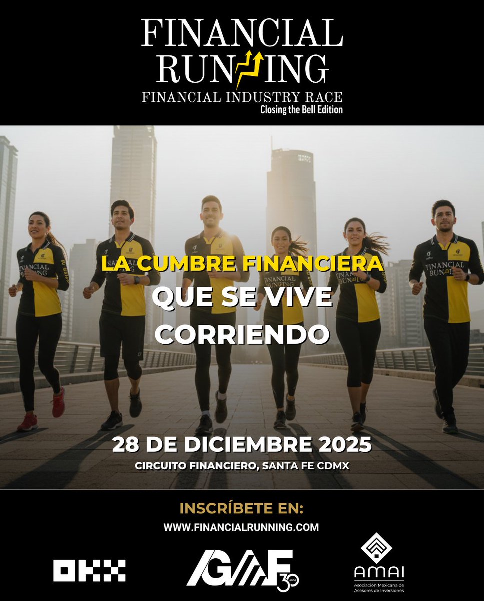 Más que kilómetros, corremos por objetivos.

Esta es la cumbre donde tu network crece al ritmo de tu zancada. Únete a la élite del sector en la última gran carrera del año.

🏆 6ª Edición Financial Running “Closing the Bell Edition” | 28 de diciembre 2025, Circuito Financiero