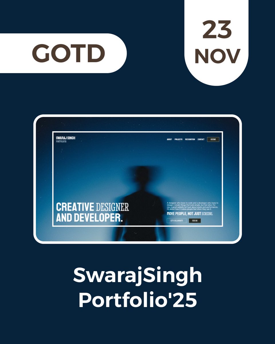 webguruawards's tweet image. 📌 Guru of the Day – 23 Nov 2025 🏆

🥇 SwarajSingh Portfolio&apos;25 | By Swaraj Singh

✨A sleek developer portfolio showcasing skills, projects, and experience with a modern, responsive design and easy navigation.

🌐 portfolio-25-phi.vercel.app

 #WebDeveloper #GuruOfTheDay