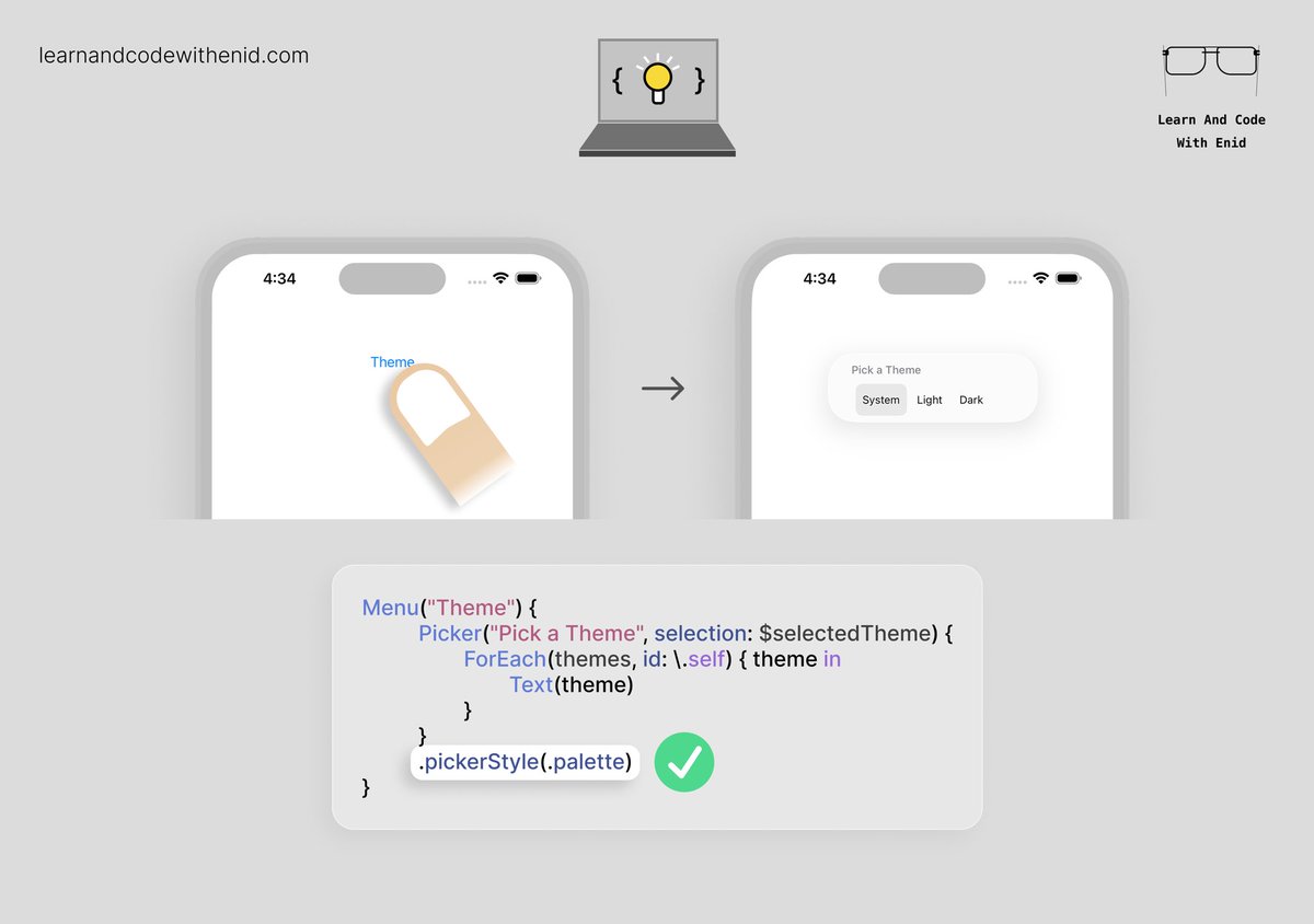 ios_dev_alb's tweet image. SwiftUI Tip 💡

In iOS 17.0+, use .pickerStyle(.palette) to display your picker as a horizontal palette of options.

→ learnandcodewithenid.com