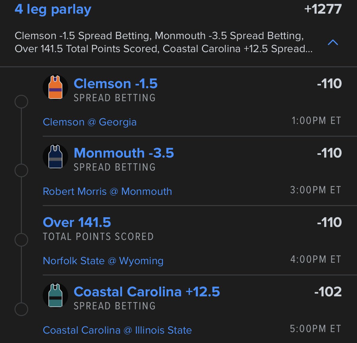 LocksOverUnder's tweet image. CBB card 11/23

11-0 in the last two days with a +3200 parlay as well😈

4 straight pick and in a +1200 parlay⬇️

Clemson -1.5
Monmouth -3.5
Norfolk St. v Wyoming o 141.5
Coastal Carolina +12.5

Let’s stay hot, NFL plays soon!

#sportsbettingX #CBB