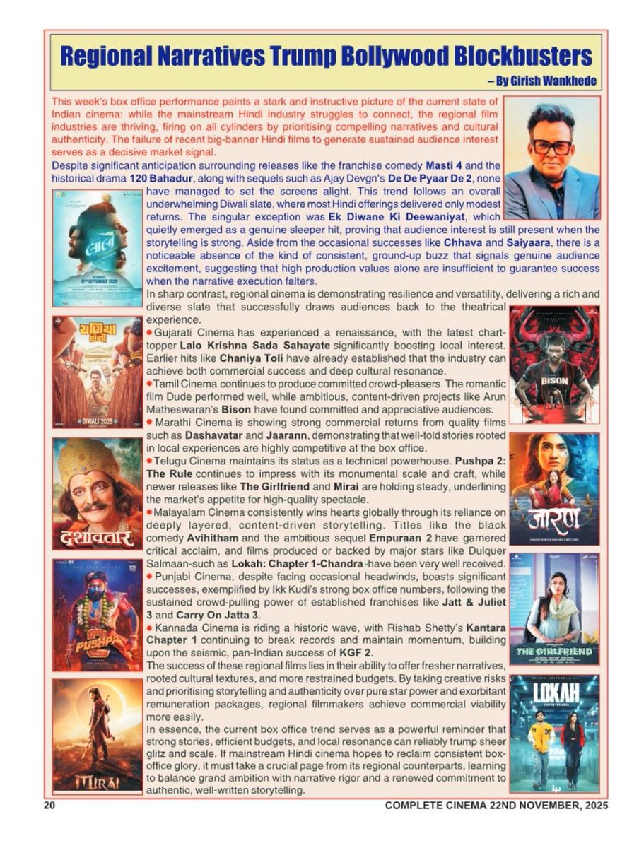The Analysis of Regional Cinema doing better than Bollywood, in this week’s #CompleteCinema !
Thanks <a href="/atulmohanhere/">Atul Mohan</a> for carrying it so prominently!
<a href="/anandpandit63/">Anand Pandit</a> <a href="/rautvin/">Vinod Raut</a> <a href="/Maha_FilmCell/">MFSCDCL (FilmCity, Mumbai)</a> <a href="/Ramoji_FilmCity/">RAMOJI FILM CITY</a> <a href="/alluarjun/">Allu Arjun</a> <a href="/Prithvirajsukum/">Prithviraj Sukumaran</a> <a href="/fahadfasil/">fahad fasil</a> <a href="/GippyGrewal/">Gippy Grewal</a> <a href="/CMOMaharashtra/">CMO Maharashtra</a>