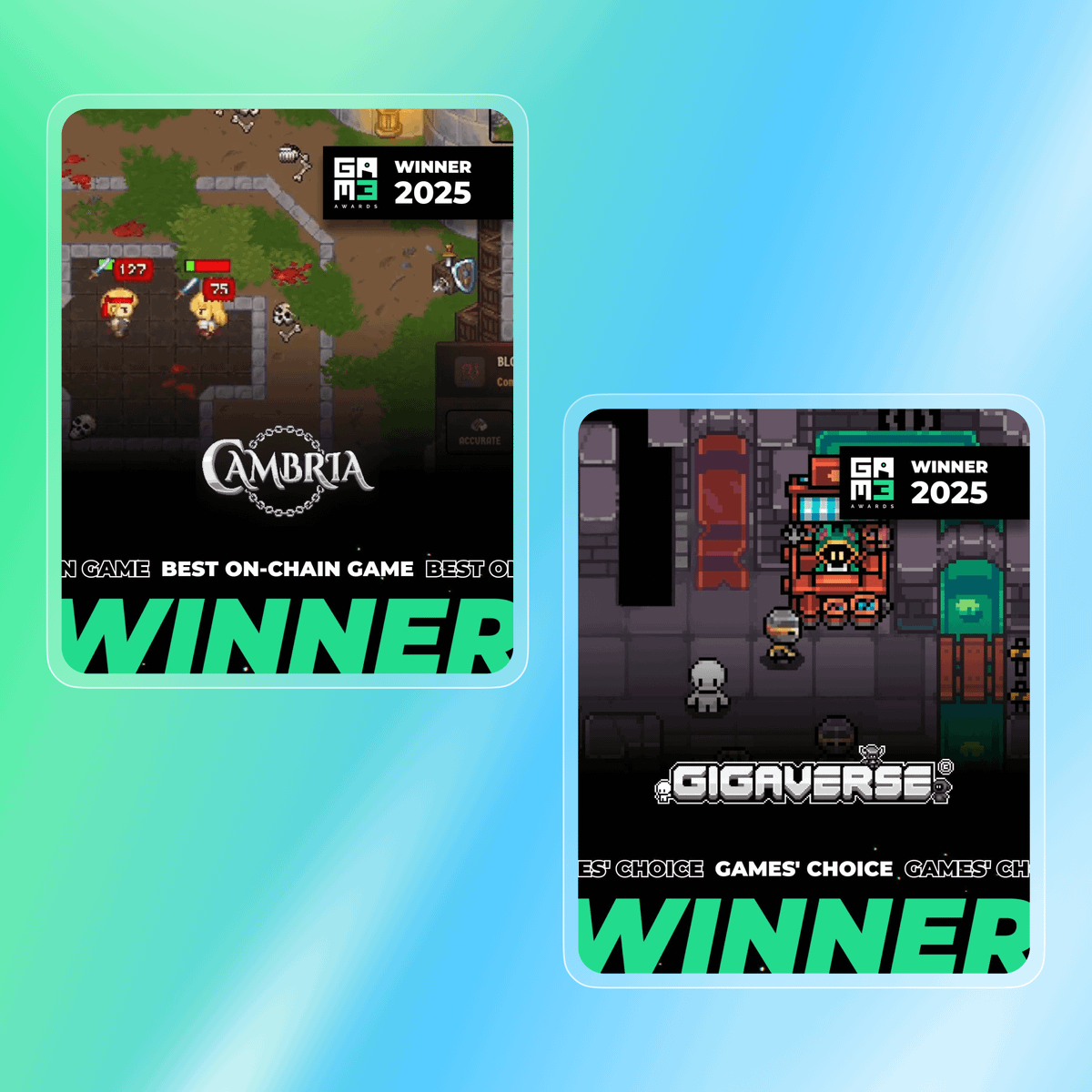 AbstractChain's tweet image. Congratulations to @playgigaverse for winning the Games&apos; Choice award, and to @playcambria for winning Best Onchain Game 🎉 ✳️