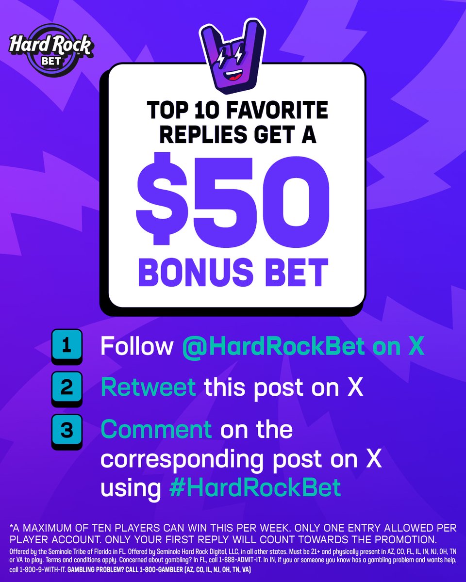 HardRockBet's tweet image. WIN A $50 BONUS BET!   

1⃣ Follow us
2⃣ Retweet this post
3⃣ COMMENT AND USE #HardRockBet 
4⃣ Admin will pick their favorite 10