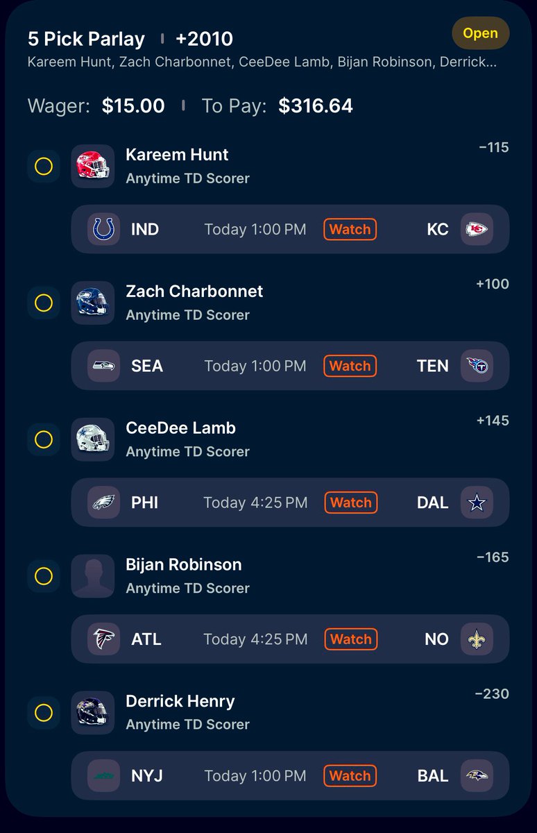 ProfitP0's tweet image. Just need these five guys to find the end zone 🔥🏈 TD parlay.

🚨🚨 $50 giveaway if this cashes 🚨🚨

#GamblingX #GamblingTwitter 

@Playbook