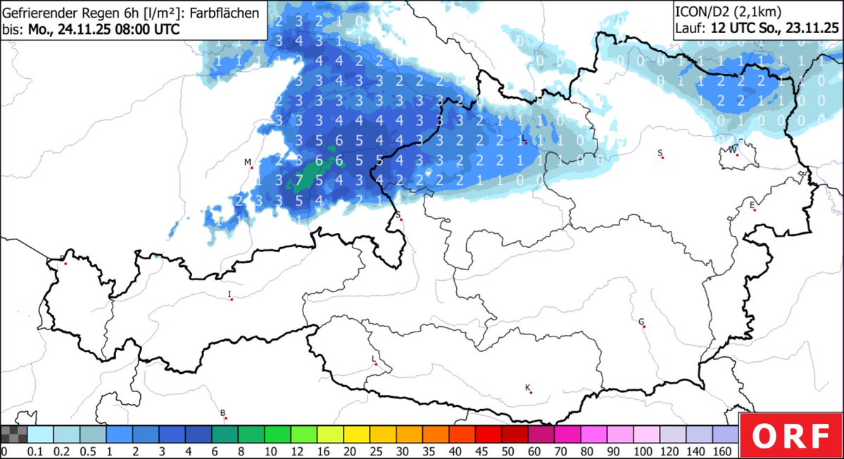 Heute Nacht nähert sich der nächste Niederschlag, zugleich in der Höhe aber mildere Luft. Da es am Boden noch kalt ist, kommt es stellenweise zu Glatteis.
Hier die Gebiete, wo es morgen Früh rutschig sein kann. Vom Inn- bis zum Weinviertel sind ein paar Millimeter Eis möglich. ⚠️