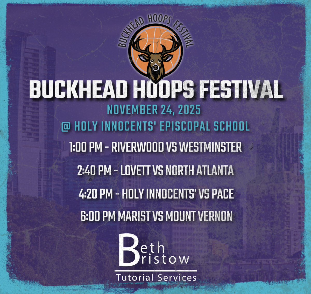 Excited to host another great day of hoops tomorrow! Come over to <a href="/HIESbears/">Holy Innocents'</a> to checkout some of the best teams in GA!

<a href="/Pace_Hoops/">Pace Academy Men’s Basketball</a> 
<a href="/WestminsterBKB/">Westminster.Basketball</a> 
<a href="/rwrbasketball/">Riverwood Basketball</a> 
<a href="/WarEaglesBball/">Marist Boys Basketball</a> 
<a href="/LovettMBB/">Lovett Men’s Basketball</a> 
<a href="/NAWarriorsHoops/">N Atlanta Basketball</a> 
<a href="/mv_mustanghoops/">The Mount Vernon School Men’s Basketball</a>