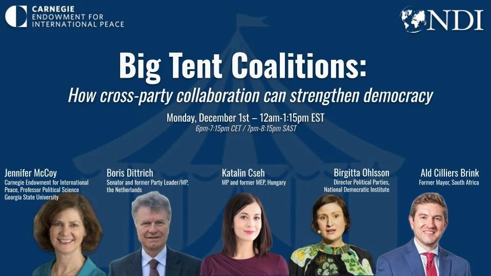 🤝 How can cross-party collaboration move #democracy forward?
Join <a href="/NDI/">National Democratic Institute</a> &amp; <a href="/CarnegieEndow/">Carnegie Endowment</a> webinar on Big Tent Coalitions featuring <a href="/jlynnmccoy/">Dr. Jennifer McCoy</a>, <a href="/DittrichBoris/">Boris Dittrich</a>, <a href="/katka_cseh/">Katalin Cseh</a>, <a href="/CilliersB/">Cilliers Brink</a> &amp; <a href="/birgittaohlsson/">Birgitta Ohlsson</a>.
📆 Monday, Dec 1
⏱️ 12 PM ET
➡️ Register: bit.ly/43Le4Ek