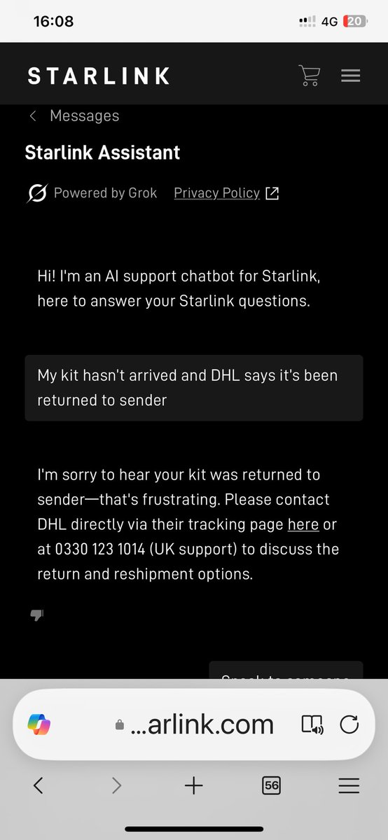 MooreScares's tweet photo. @Starlink any real person who can help me.  Starlink app says contact DHL.  DHL says it’s been returned and customer service says to contact you. https://t.co/juMsn252vR