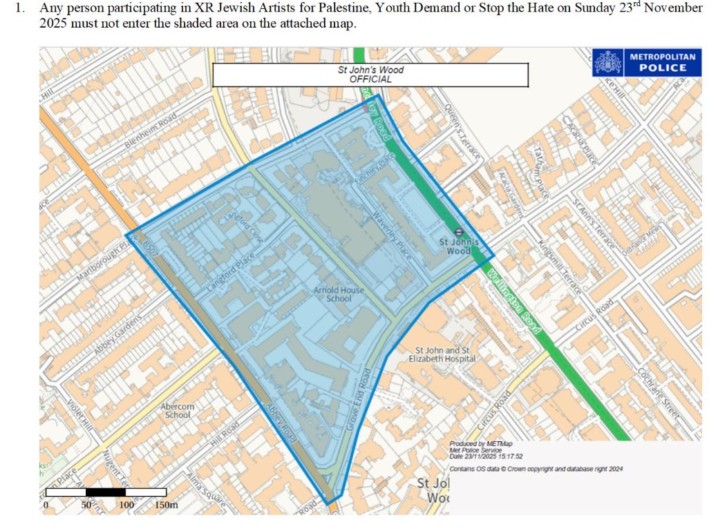 metpoliceuk's tweet image. Earlier today we were made aware of plans for a pro-Palestine protest outside St John’s Wood Synagogue this afternoon.

We understand why the group&apos;s decision to protest at this location will cause concern to some communities.

There is no legal mechanism to ban the protest from…