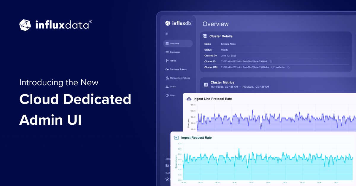 InfluxDB's tweet image. The new #InfluxDB Cloud Dedicated Admin UI is here, built for teams managing high-volume time series workloads.

Get live observability metrics for your cluster, streamlined navigation between databases and tokens, and detailed table schema views, all in one place. 

Plus, easy…