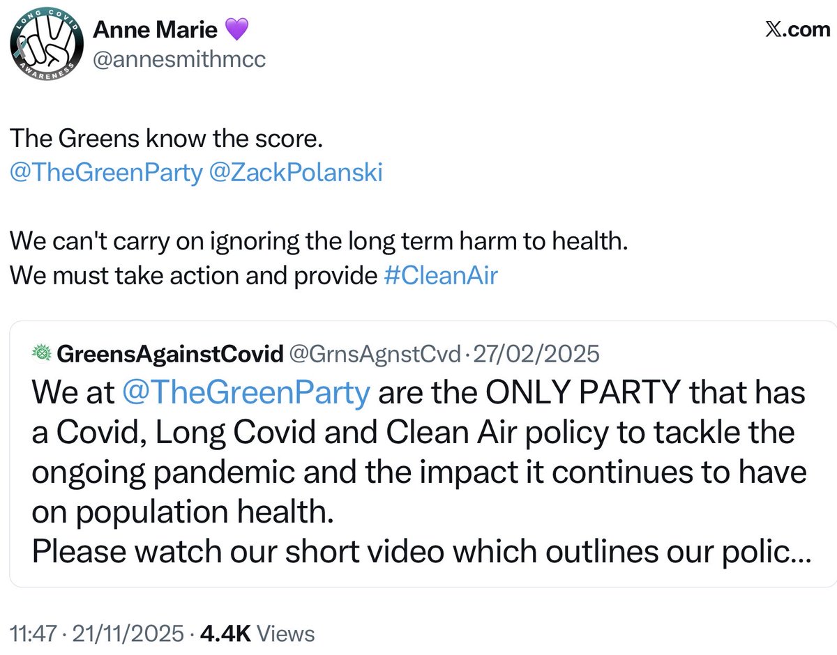 Just in case you missed it, the official <a href="/TheGreenParty/">The Green Party</a> account is endorsing the need to have clean air to reduce airborne diseases including COVID.