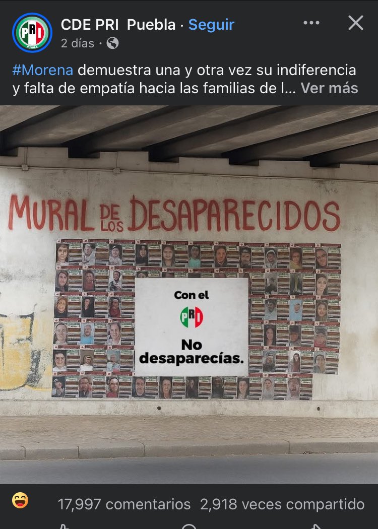 El grado de cinismo, de desmemoriado, de poca madre que tiene el PRI para atreverse a decir “con el PRI no desparecías” como si no tuviéramos a los Duarte, los Fidel Herrera, la crisis de desapariciones de EPN… lo único que merece ese partido es que pierda el registro