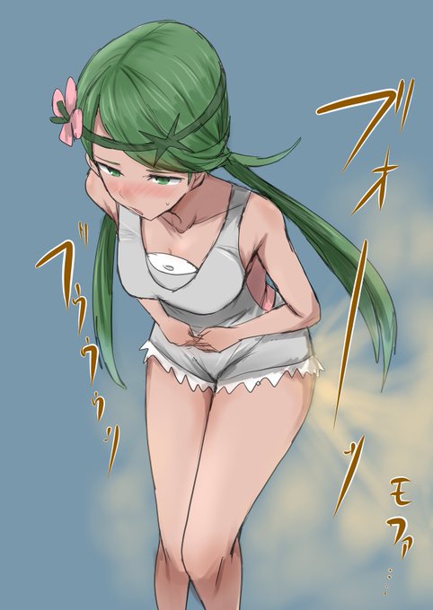 お題のポケモンのマオがお腹を抑えながら臭そうな屁をこいている様子です。 