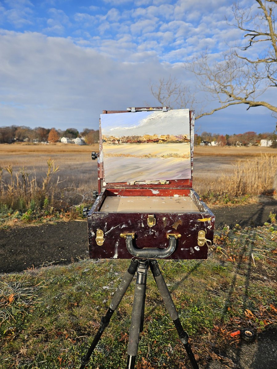 JasonPritchards's tweet image. A short morning  oil study with the sun hanging low on the horizon, its pale light brushing across the marsh just enough to reveal the first frost of fall #firstfrost