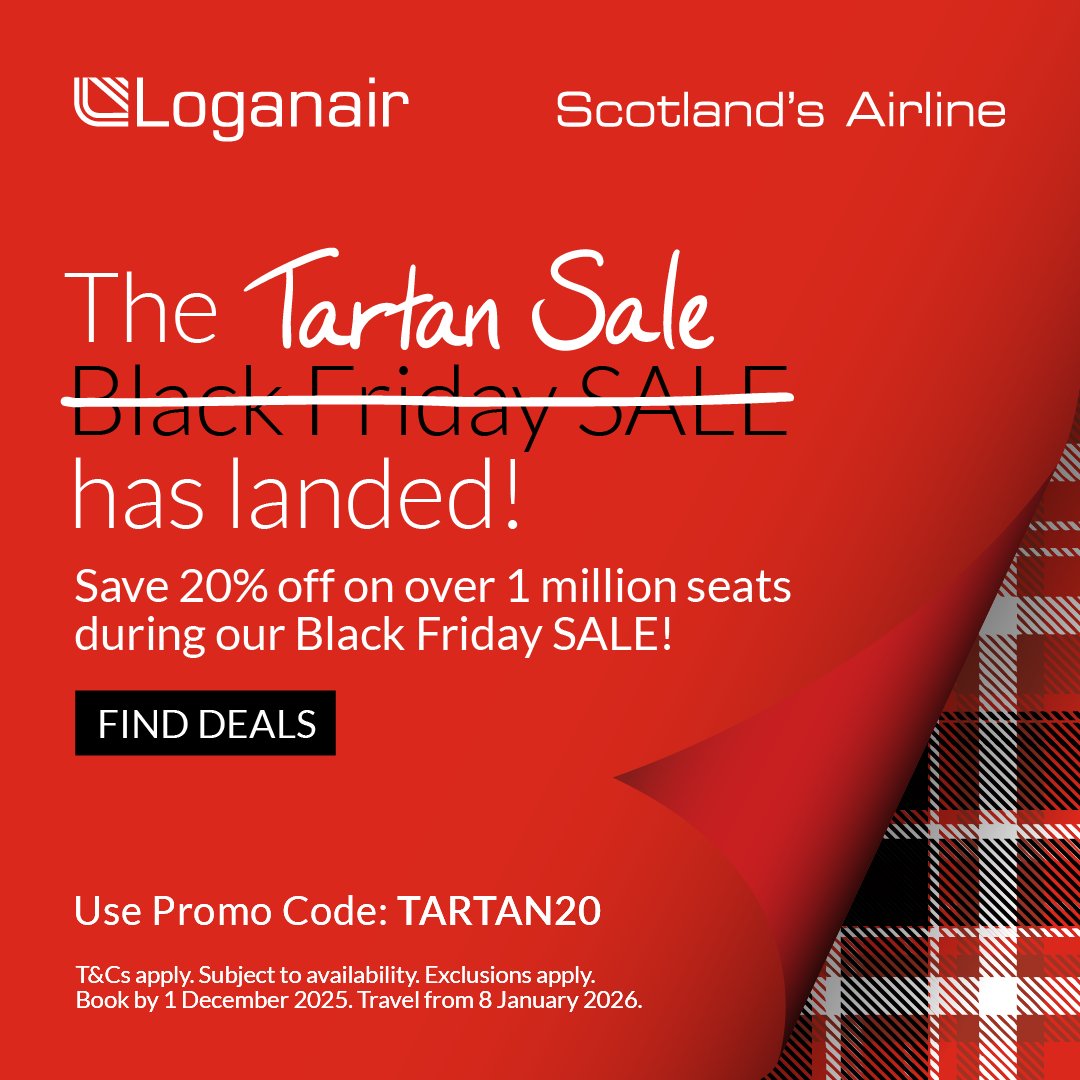 Save 20% on <a href="/FlyLoganair/">Loganair</a> flights to Aberdeen from Norwich Airport with the Loganair Tartan Sale ✈️

Use promo code: TARTAN20 before MIDNIGHT on 1 Dec 25. Travel from 8 Jan 26.

*Subject to avail. Exclusions and T&amp;Cs apply.

loganair.co.uk/tartan-sale/?u…

#FlyNorwich