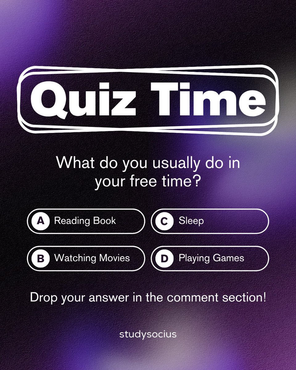 studysocius's tweet image. QUIZ: What do you usually do in your free time? 🤔
Drop a comment and tell us your favorite way to unwind! 👇
#quiztime #freetimefun #engagewithus #communitypost #shareyourthoughts #letsconnect