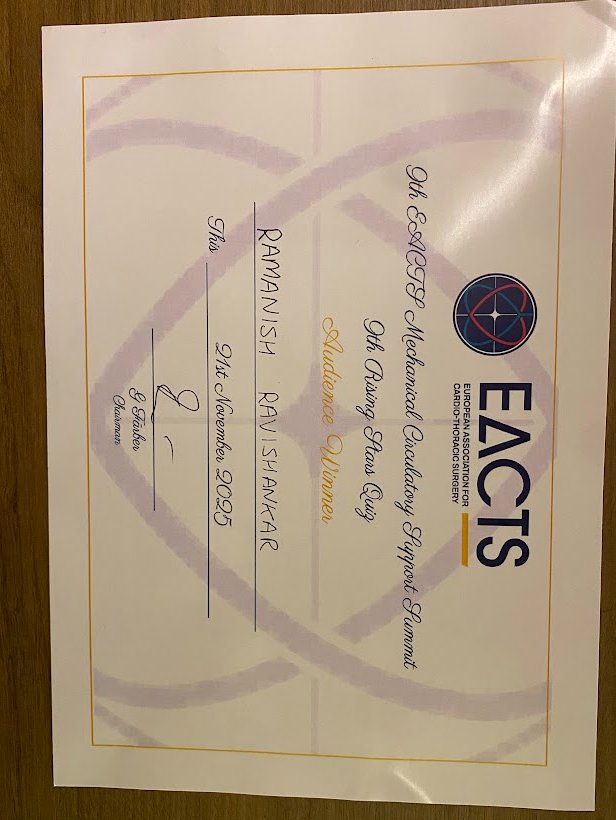 RamanishR's tweet image. Humbled to be named Audience Winner of the 9th @EACTS MCS Rising Stars Quiz! 

Tough competition but delighted to top the audience leaderboard. Huge thanks to @EACTS for an excellent summit in Berlin and sponsoring my entry to the 10th MCS Summit in Amsterdam! 

#EACTS #MCS