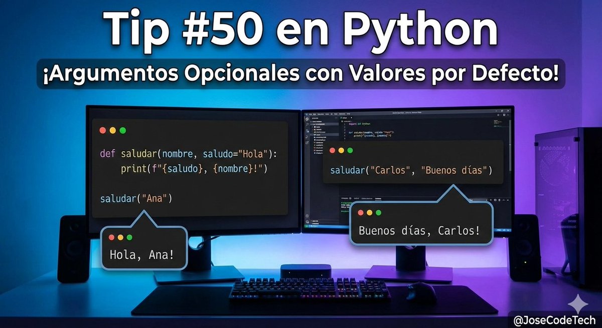 josecodetech's tweet image. Tip #50 en #Python
¡Haz tus Funciones más flexibles con Valores por Defecto!
def saludar(nombre, saludo=&quot;Hola&quot;):
print(f&quot;{saludo}, {nombre}!&quot;)
# Usa el valor por defecto
saludar(&quot;Ana&quot;)
# O especifica tu propio valor
saludar(&quot;Carlos&quot;, &quot;Buenos días&quot;)

🎥 youtube.com/@josecodetech/